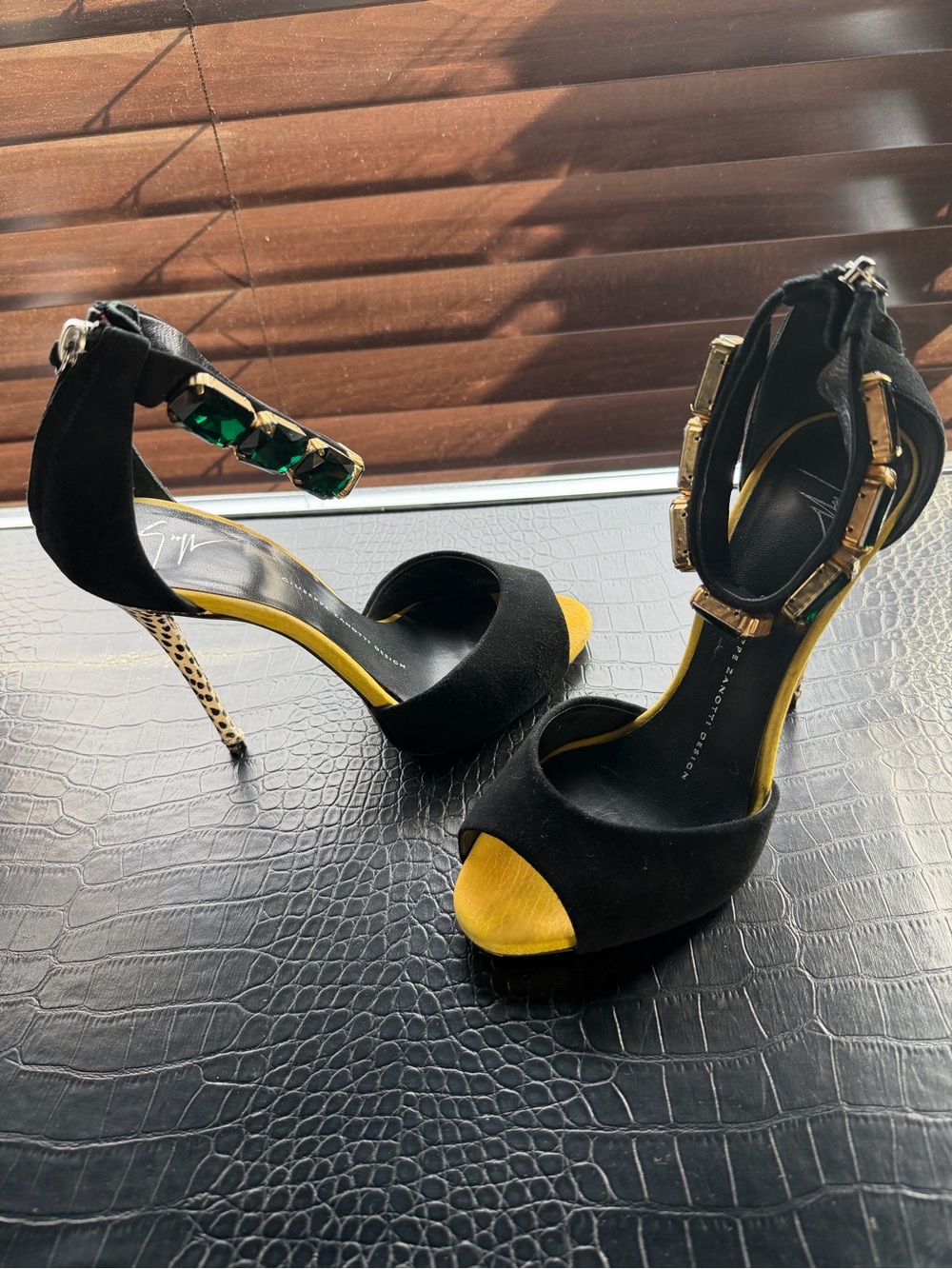 Giuseppe Zanotti Black and Yellow High Heel Sandals with Emerald Accents
